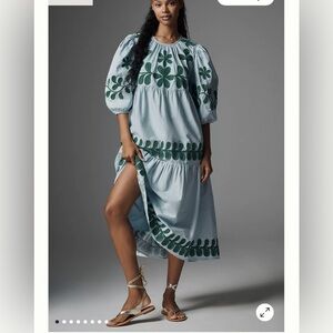 By Anthropologie Embroidered Puff-Sleeve Midi Dress